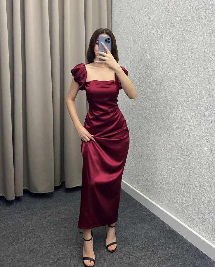 Simple Square Neck Puff Sleeve Sheath Satin Ruched Ankle-Length Evening Dress
