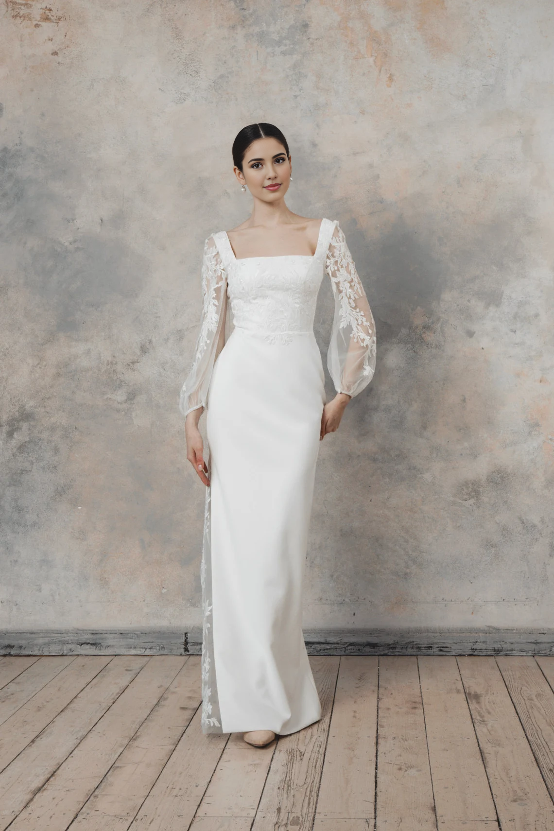 Simple Square Neckline Wedding Dress Floral Backless Wedding Dress With Long Sleeves Sheath Elegant Wedding Dress Lace Up