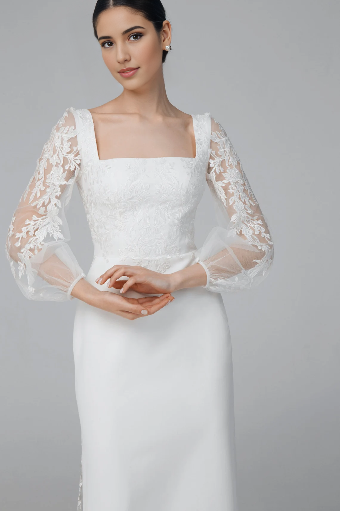Simple Square Neckline Wedding Dress Floral Backless Wedding Dress With Long Sleeves Sheath Elegant Wedding Dress Lace Up