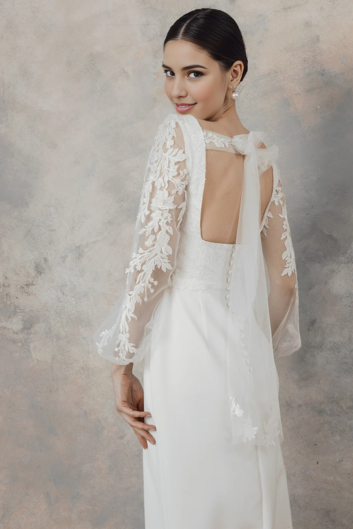 Simple Square Neckline Wedding Dress Floral Backless Wedding Dress With Long Sleeves Sheath Elegant Wedding Dress Lace Up