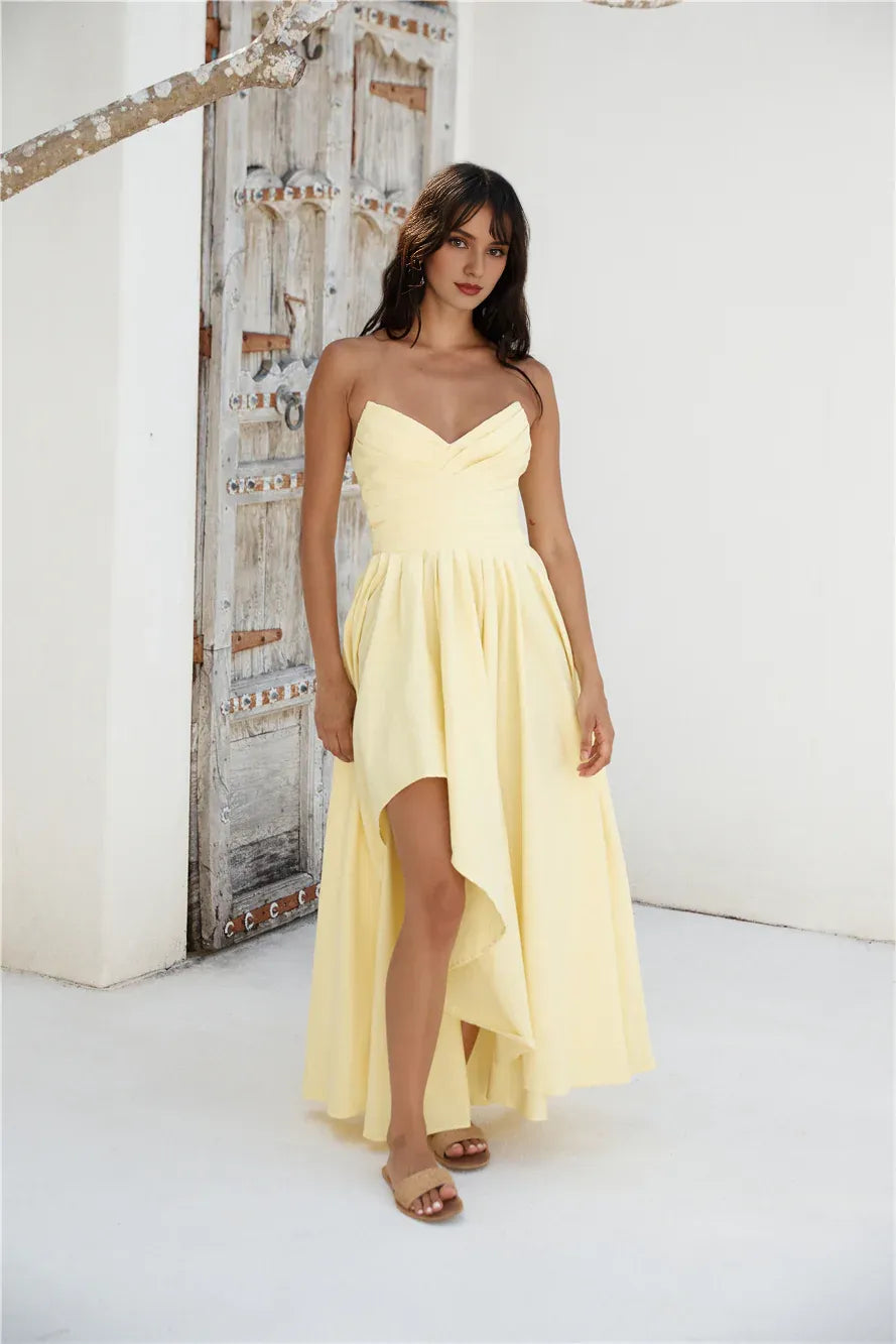 Robe longue bustier simple pour femme, élégante et formelle, coupe trapèze, sans fente, jaune, pour bal de promo 
