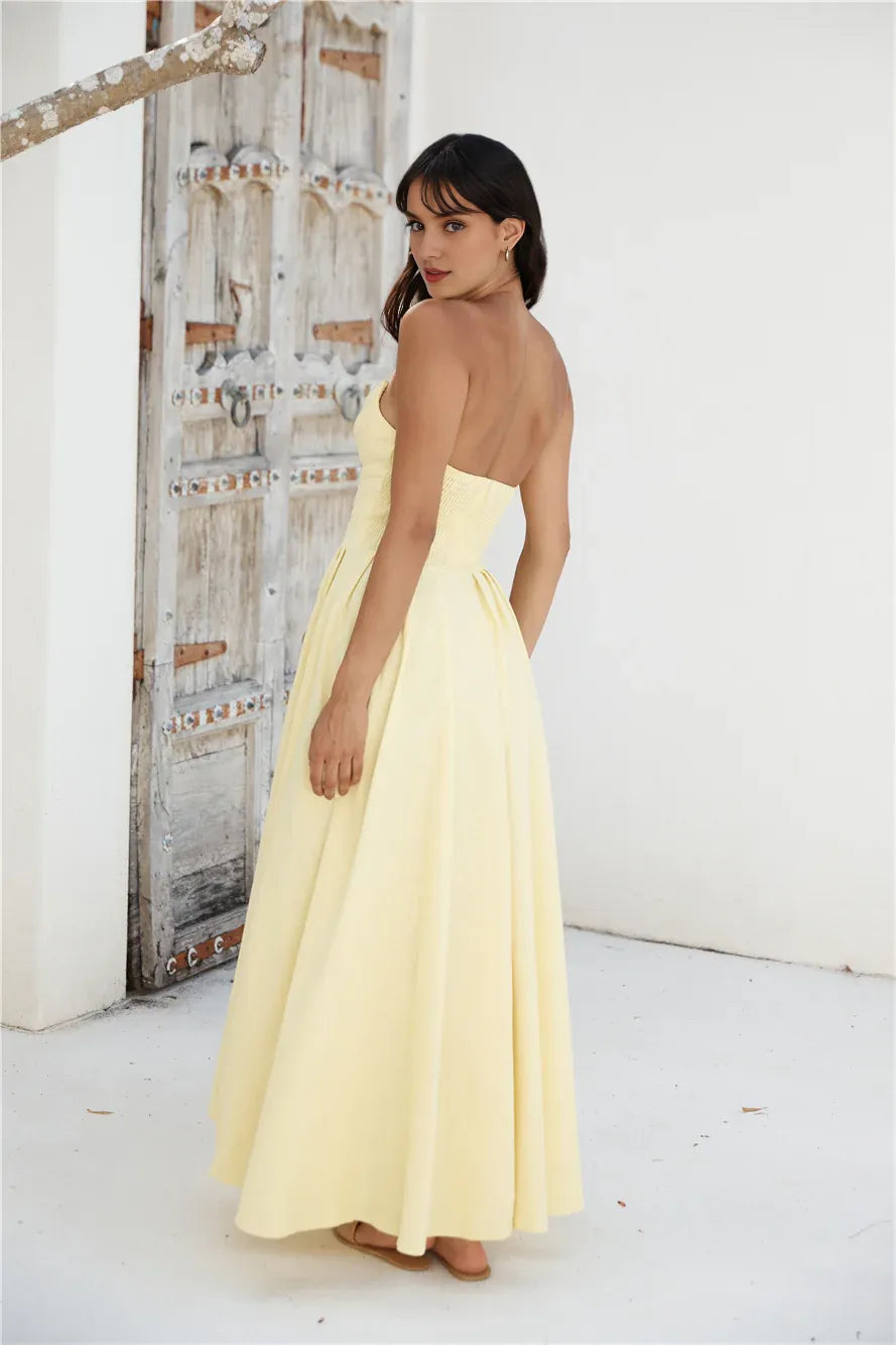 Robe longue bustier simple pour femme, élégante et formelle, coupe trapèze, sans fente, jaune, pour bal de promo 