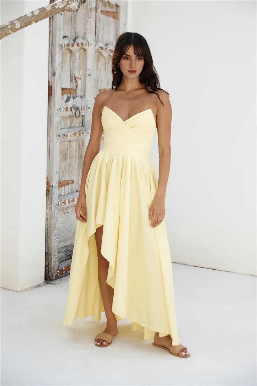 Robe longue bustier simple pour femme, élégante et formelle, coupe trapèze, sans fente, jaune, pour bal de promo 
