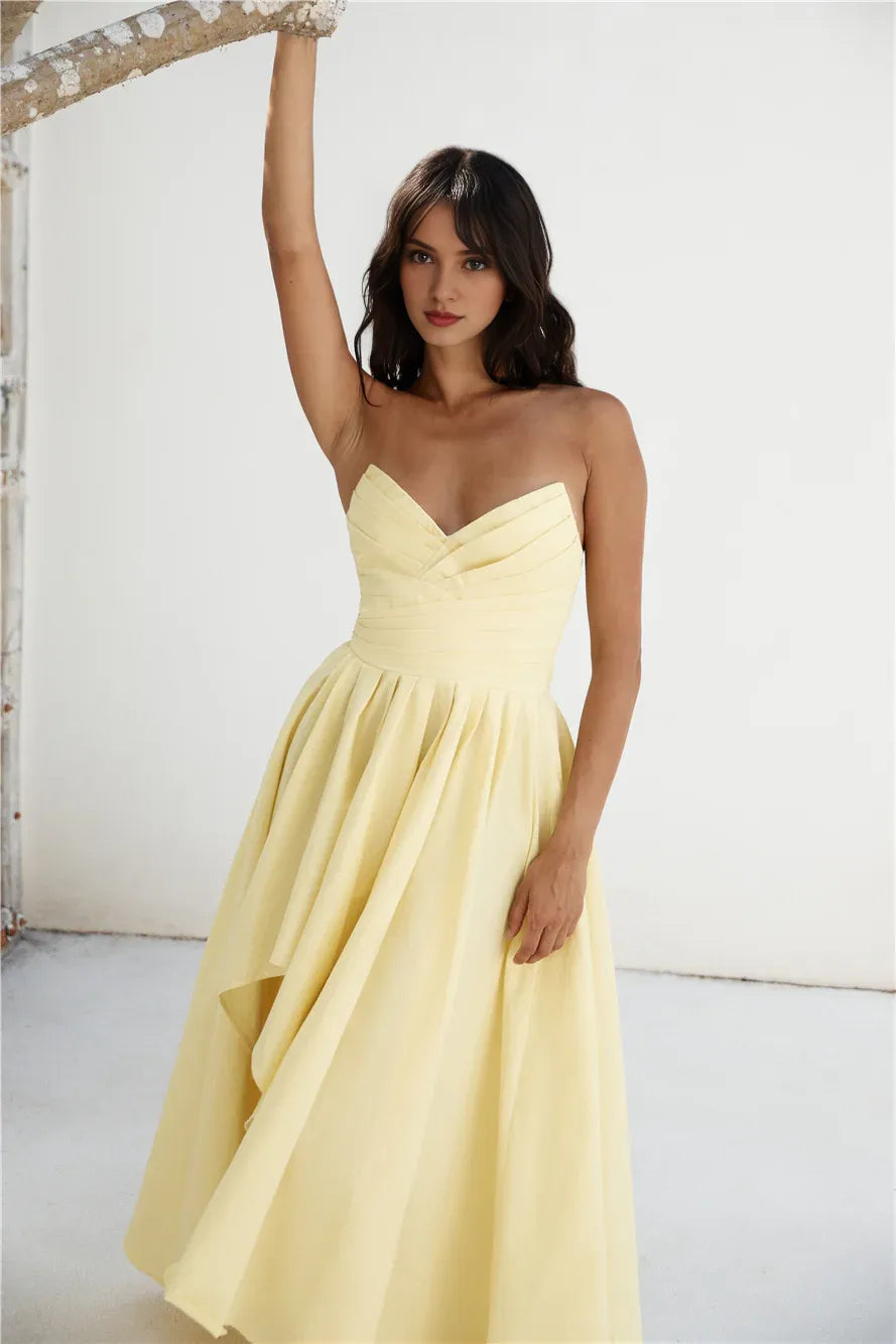 Robe longue bustier simple pour femme, élégante et formelle, coupe trapèze, sans fente, jaune, pour bal de promo 