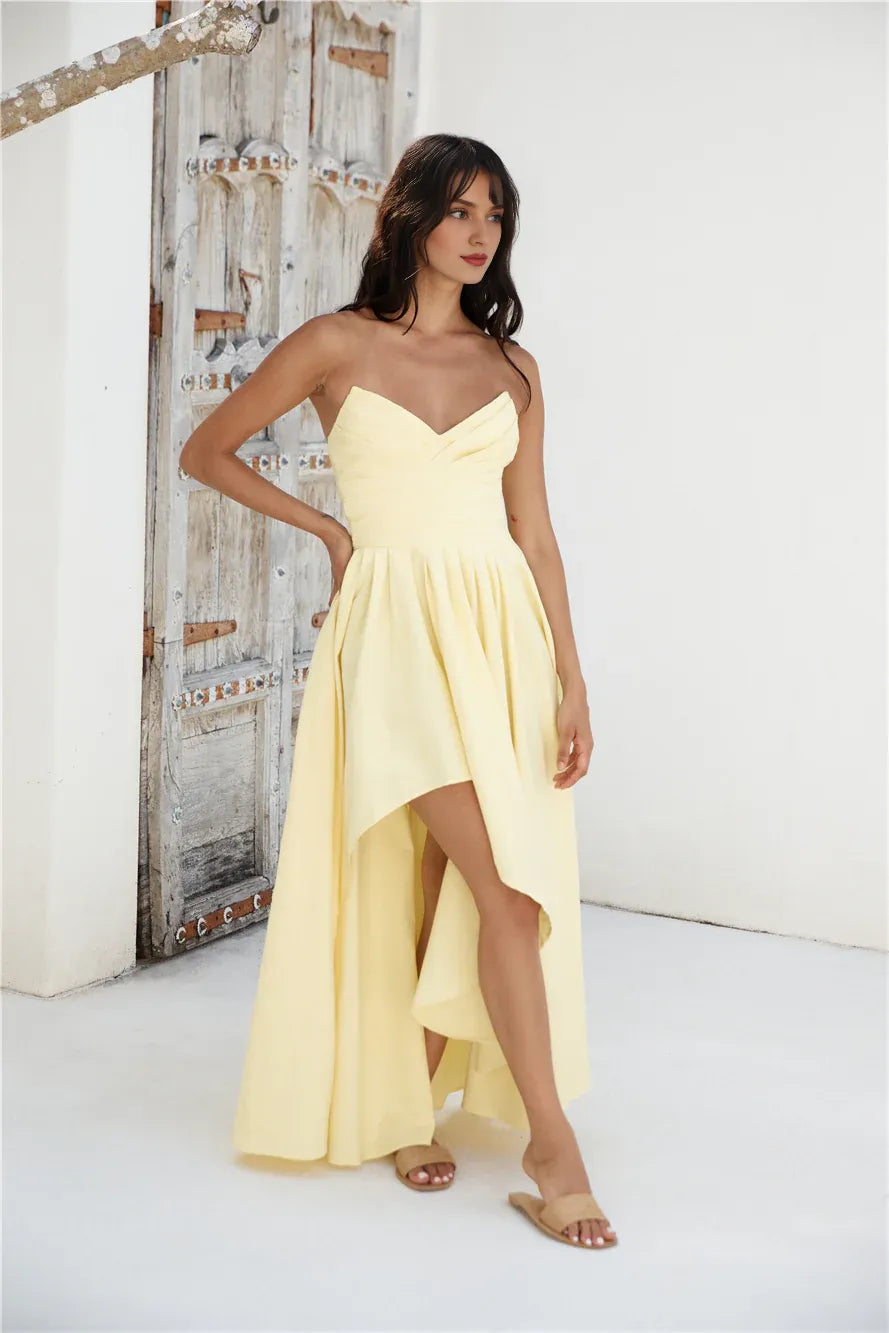 Robe longue bustier simple pour femme, élégante et formelle, coupe trapèze, sans fente, jaune, pour bal de promo 