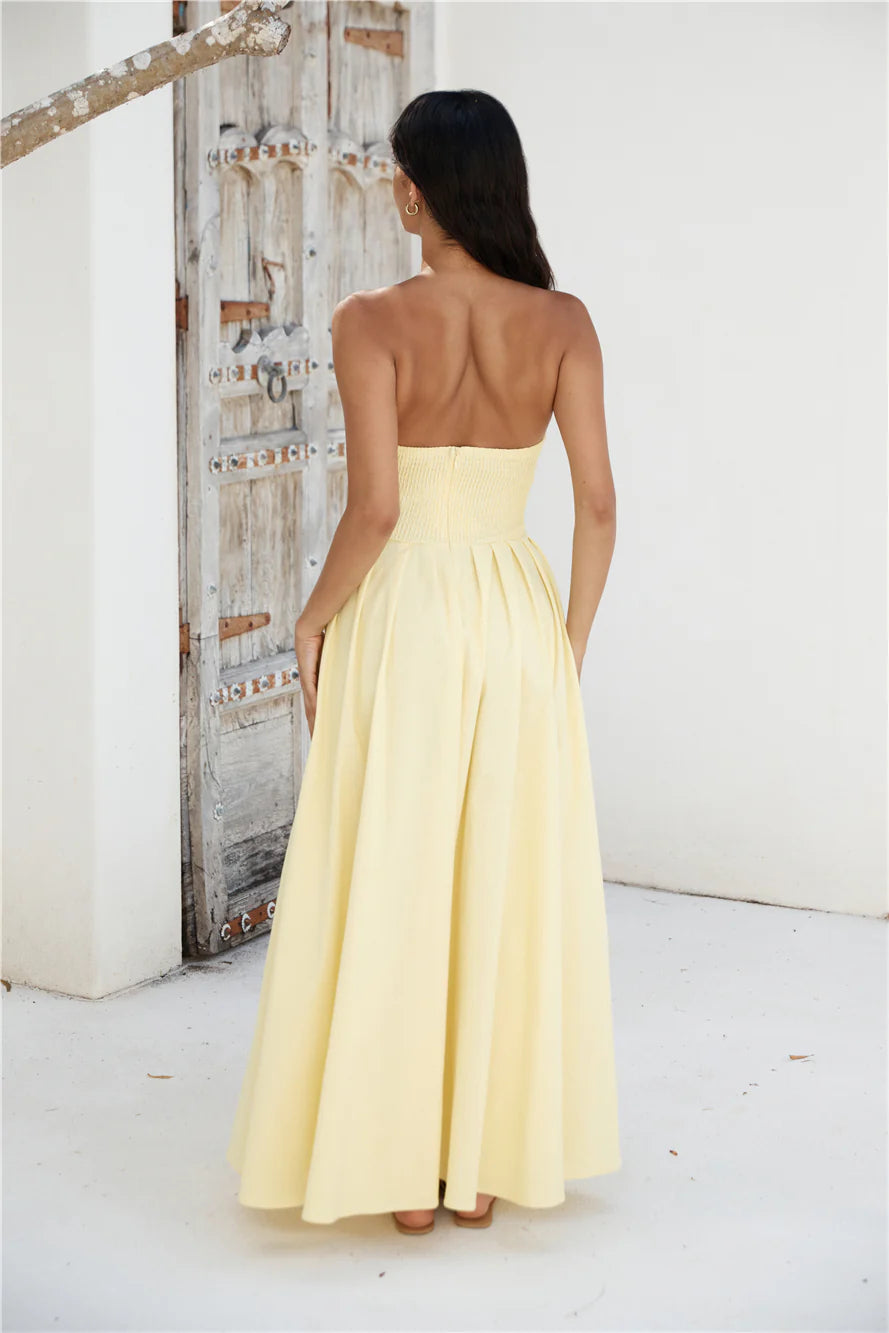 Robe longue bustier simple pour femme, élégante et formelle, coupe trapèze, sans fente, jaune, pour bal de promo 