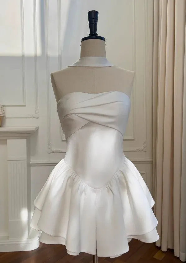 Simple Strapless Sleeveless A Line Pleated Satin Short-Mini Homecoming Dress