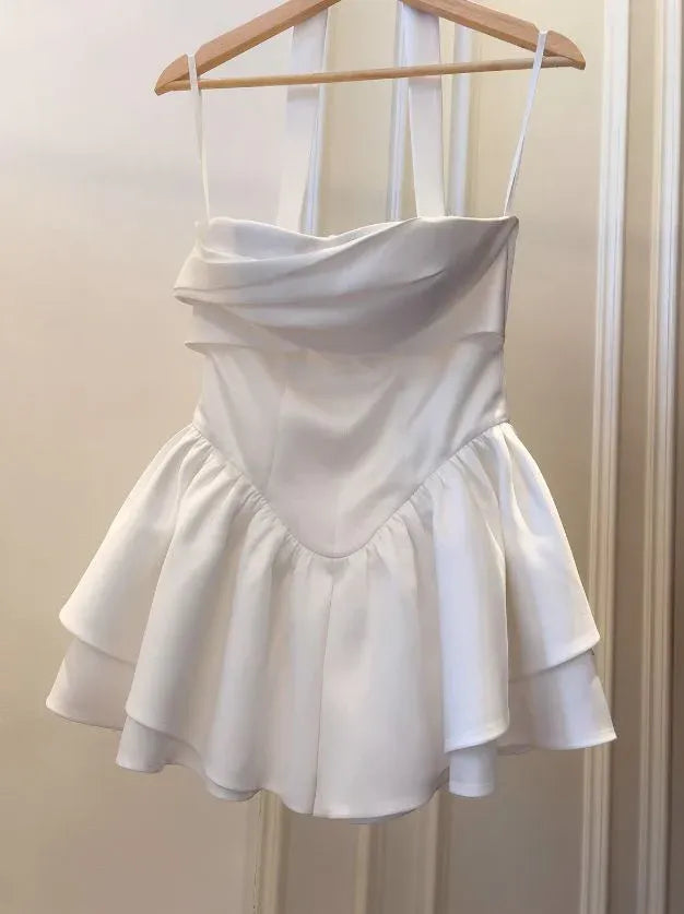 Simple Strapless Sleeveless A Line Pleated Satin Short-Mini Homecoming Dress