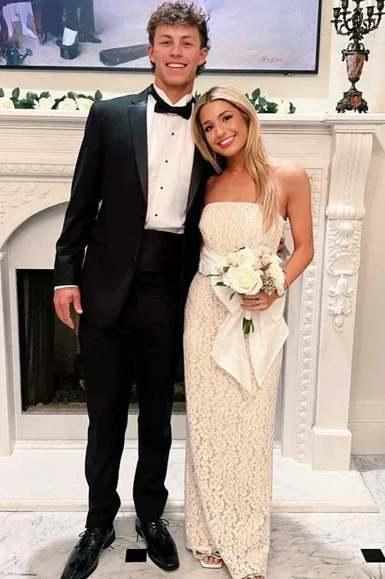 Simple Strapless Sleeveless Fitted Bow Lace Floor-Length Prom Dress