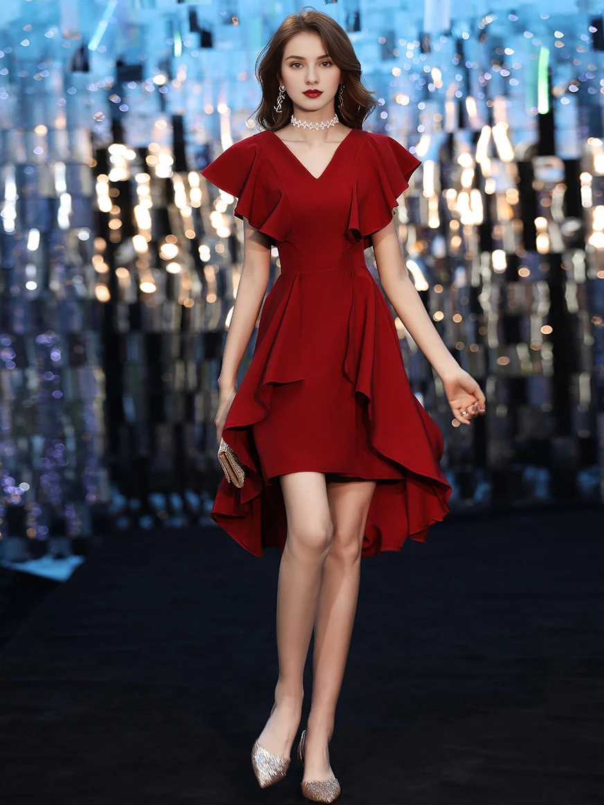 Simple V Neck Burgundy Short Tea Length Party Dress Homecoming Dress