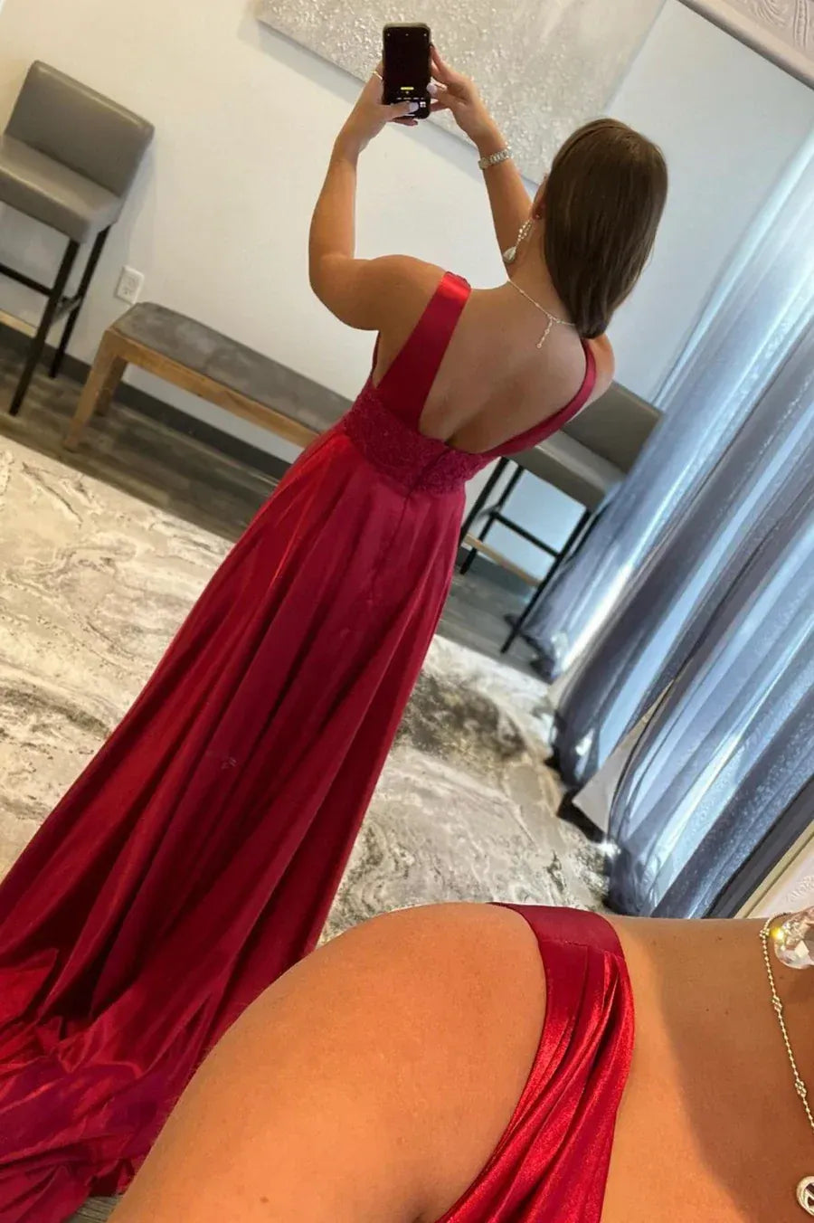 Simple V Neck Sleeveless A-Line Appliques Satin Floor Length Prom Dress