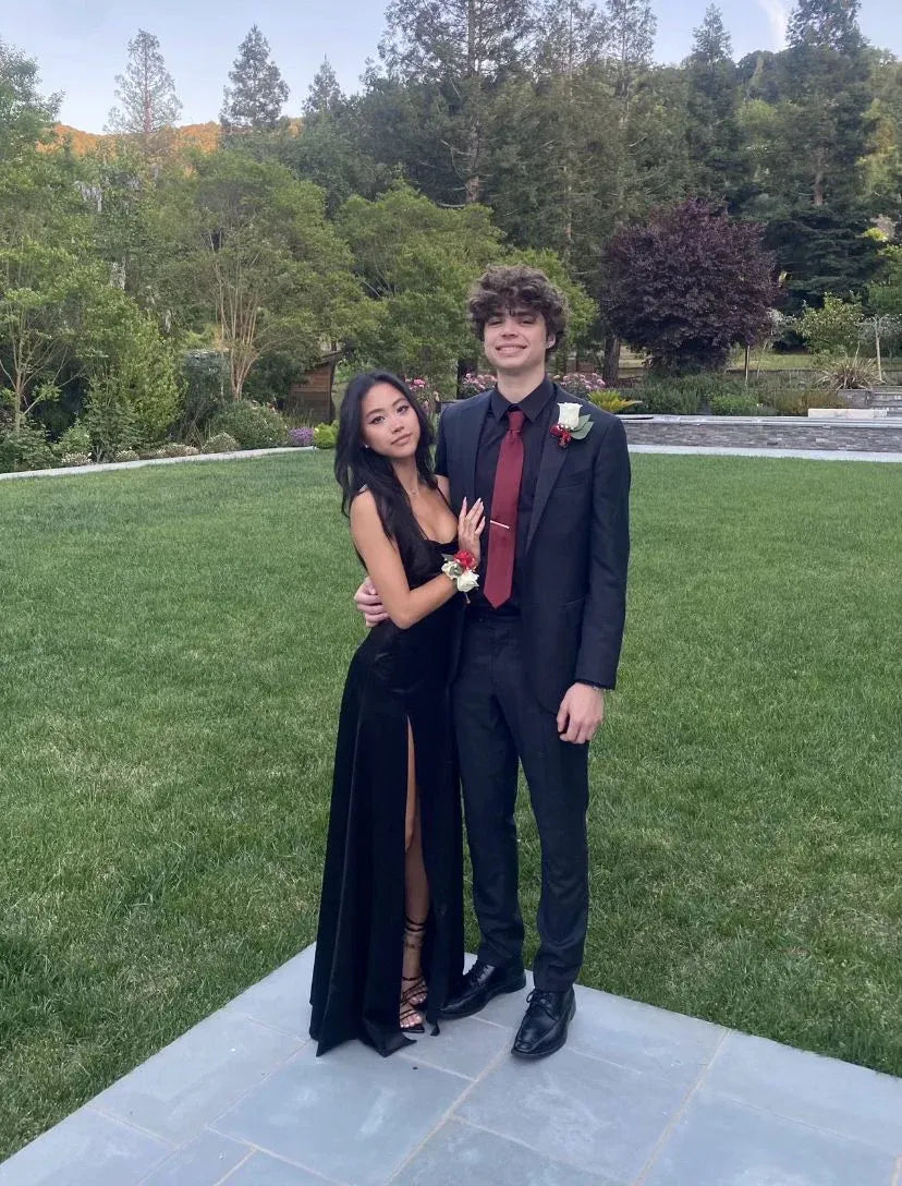 Simple V Neck Sleeveless Sheath Slit Long Prom Dress