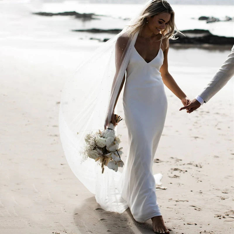 Simple V Neck Spaghetti Straps Mermaid Beach Minimalist Wedding Dresses