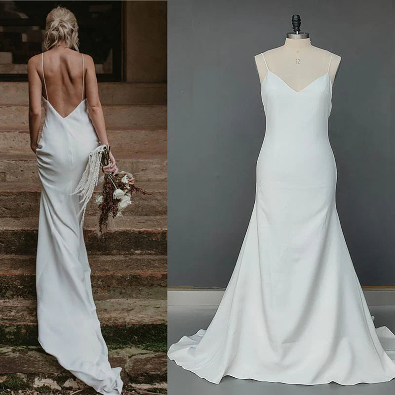 Simple V Neck Spaghetti Straps Mermaid Beach Minimalist Wedding Dresses
