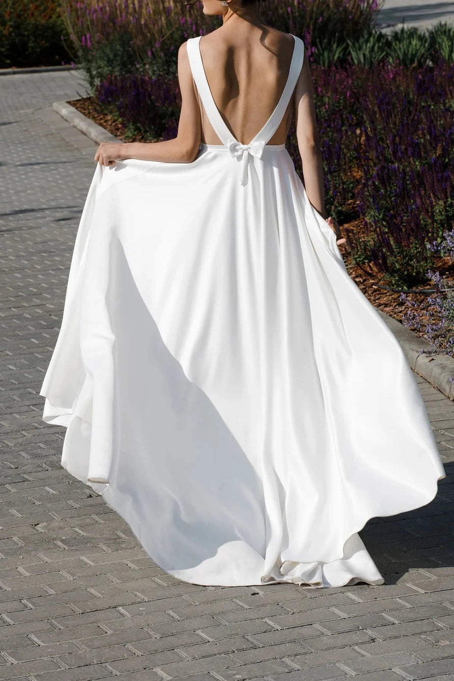 Simple Wedding Dress Modest Satin Wedding Dress Elegant A Line Wedding Dress Open Back With Bow
