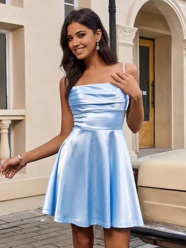 Simple A-Line/Princess Spaghetti Straps Sleeveless Crossed Straps Short-Mini Homecoming Dress