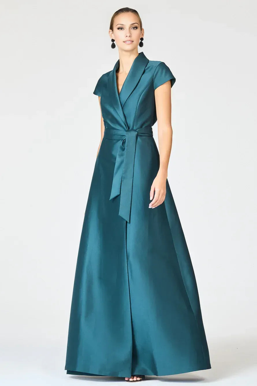 Simple A-Line Shirt Collared Cap Sleeve Satin Floor-Length Mother of the Bride Dress
