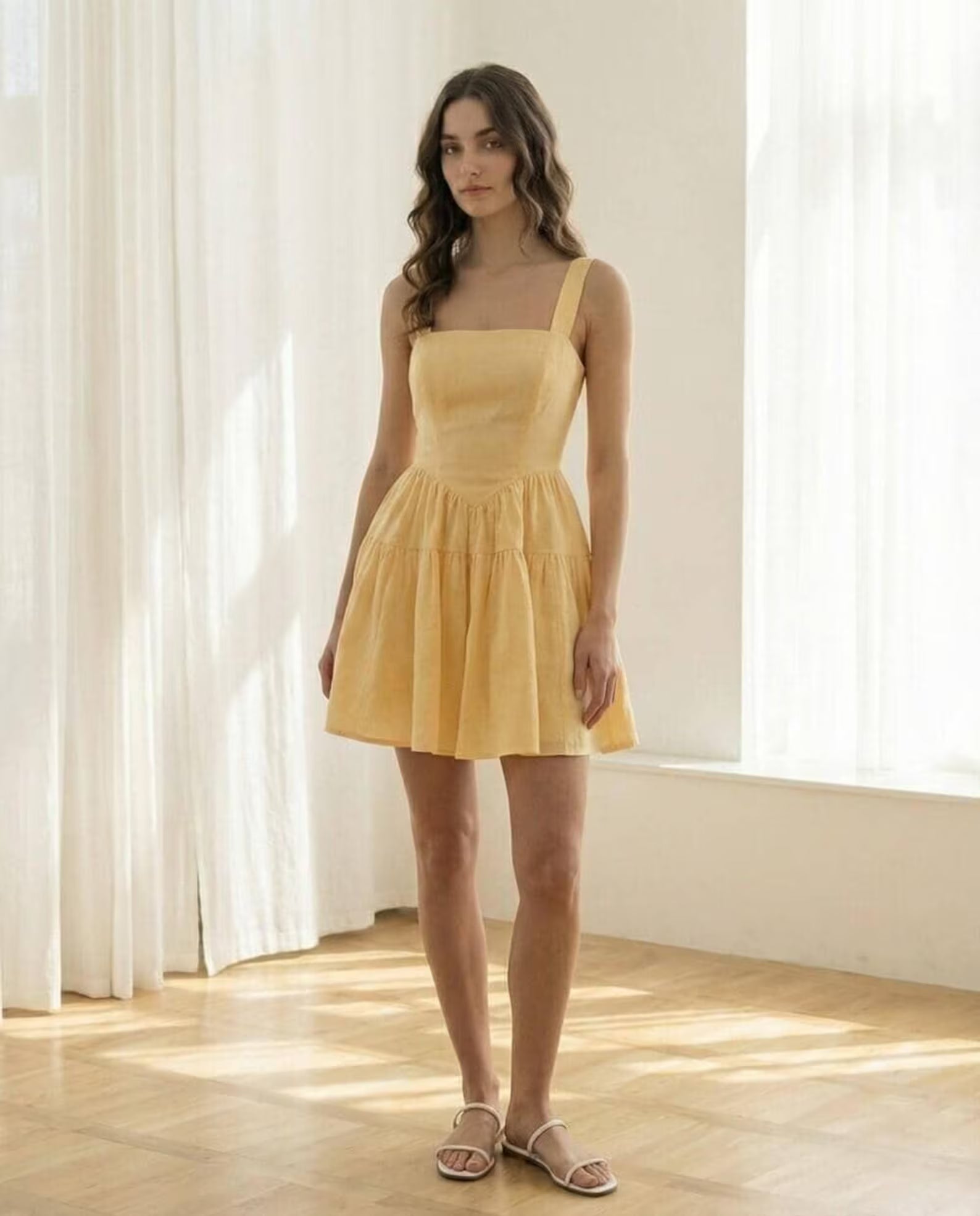 Simple A-Line Square Neck Tiered Ruffle Pastel Yellow Mini Homecoming Dress
