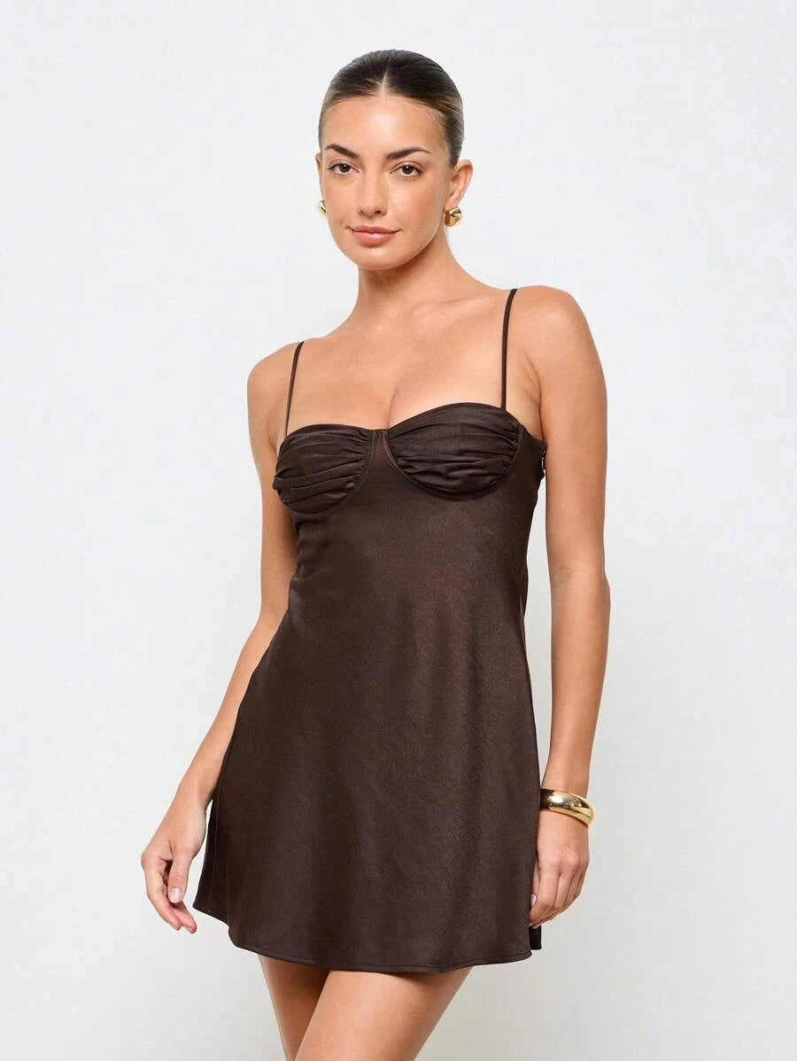 Simple A-Line Sweetheart Spaghetti Straps Ruched Chocolate Brown Mini Homecoming Dress