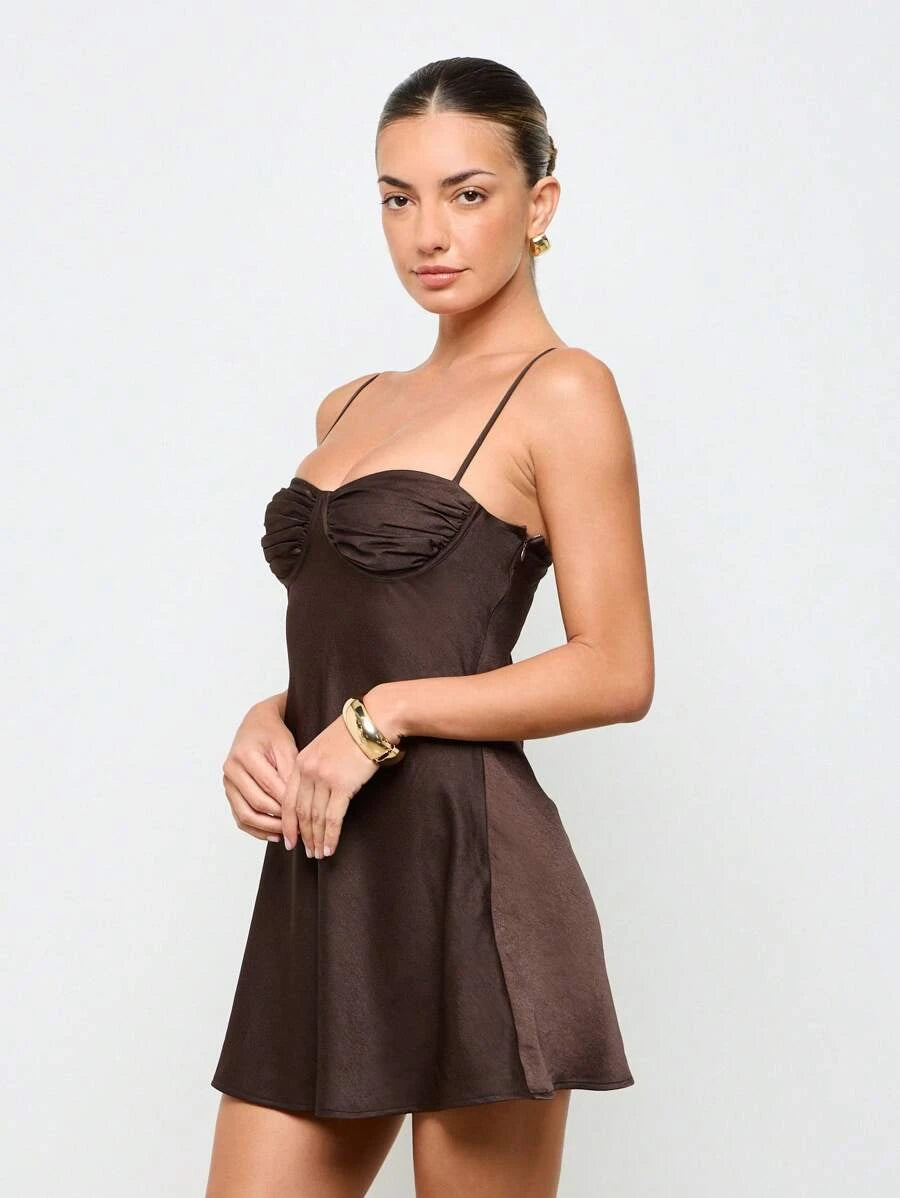 Simple A-Line Sweetheart Spaghetti Straps Ruched Chocolate Brown Mini Homecoming Dress