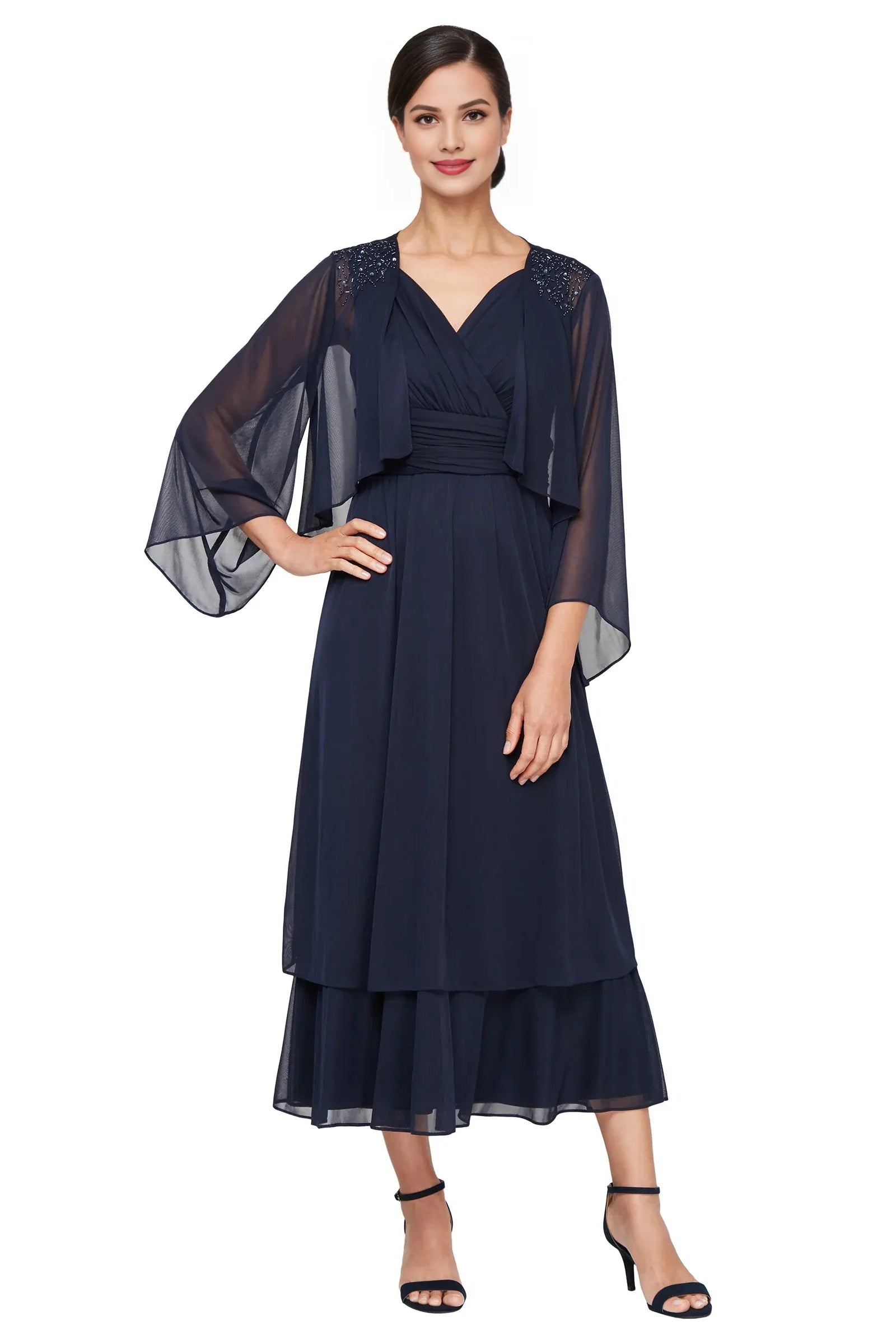 Simple A-Line V Neck Flutter Sleeve Chiffon Tea-Length Mother of the Bride Dress
