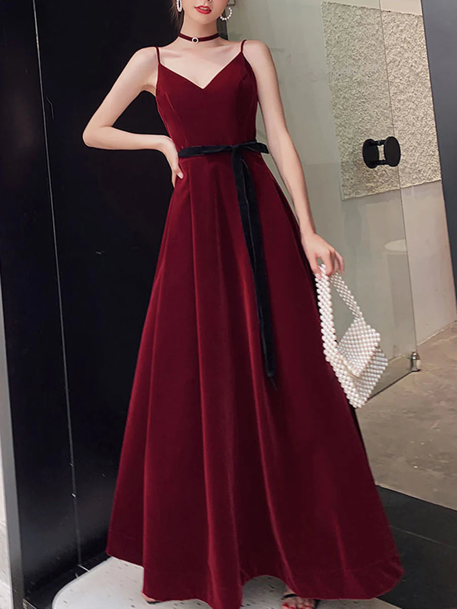 Simple Burgundy Velvet Prom Dresses Floor Length Sweetheart Neck Spaghetti Straps Prom Dress