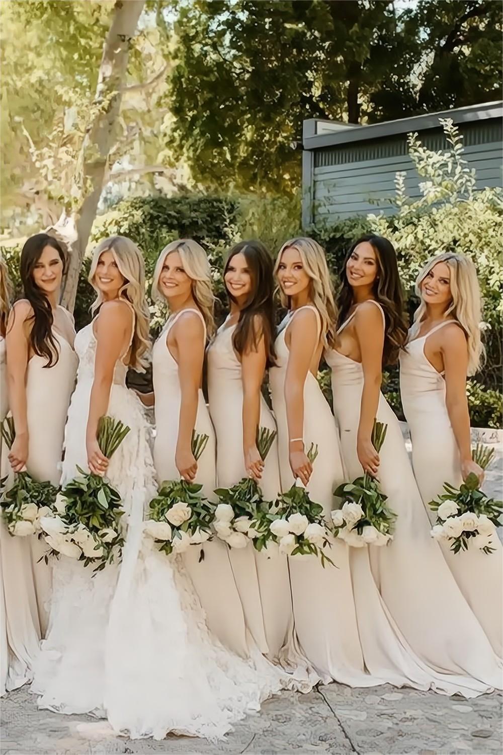 Simple Elegant A-Line V-Neck Spaghetti-Strap Ivory Floor-Length Bridesmaid Dress
