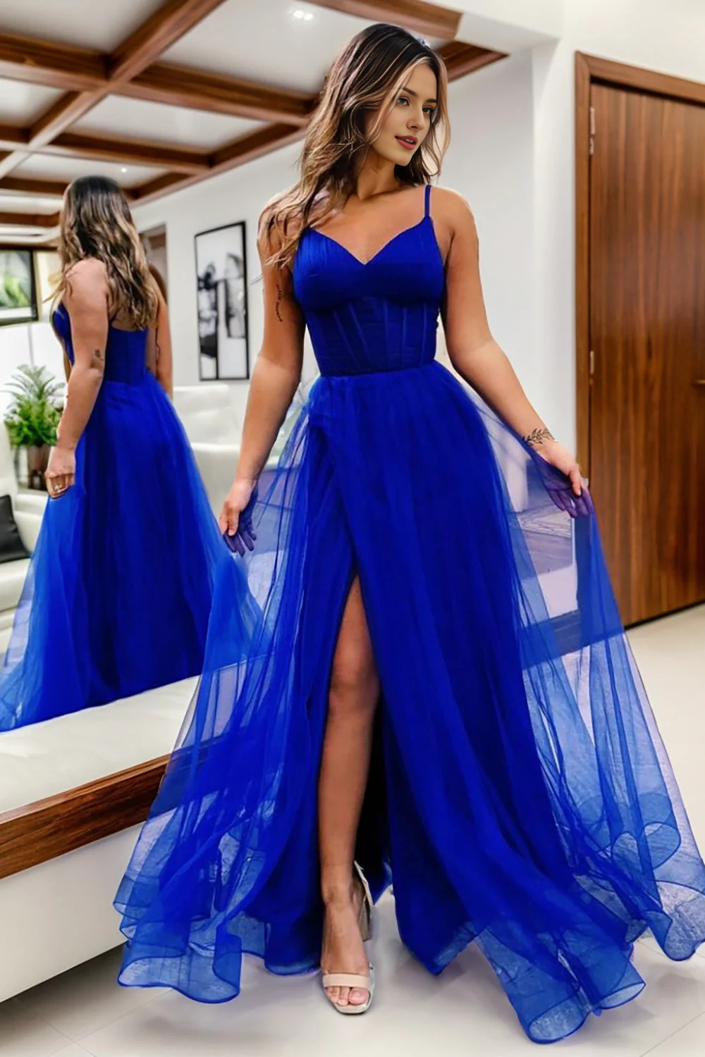 Robe de bal longue en tulle, simple et élégante, à bretelles spaghetti et fente