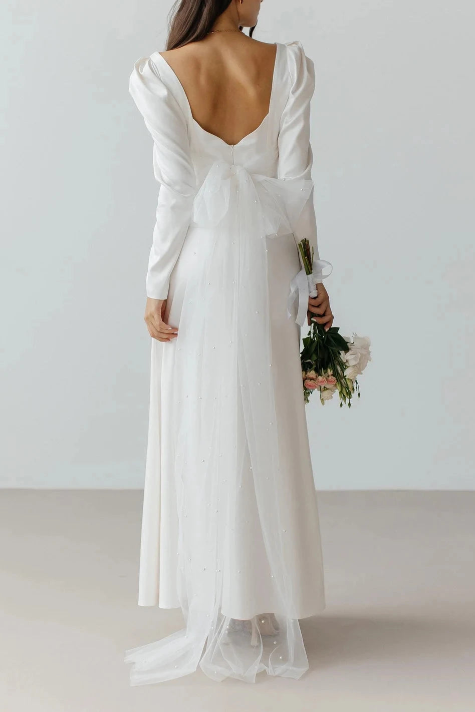 Simple Long Sleeves Ankle Length Bow White Open Back Square Neck Bridal Wedding Dress