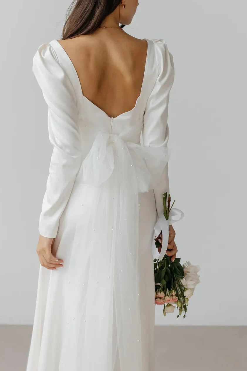 Simple Long Sleeves Ankle Length Bow White Open Back Square Neck Bridal Wedding Dress