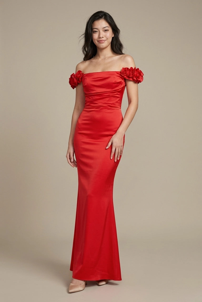 Simple Mermaid Off-Shoulder Floral Applique Ruched Red Floor-Length Prom Dress