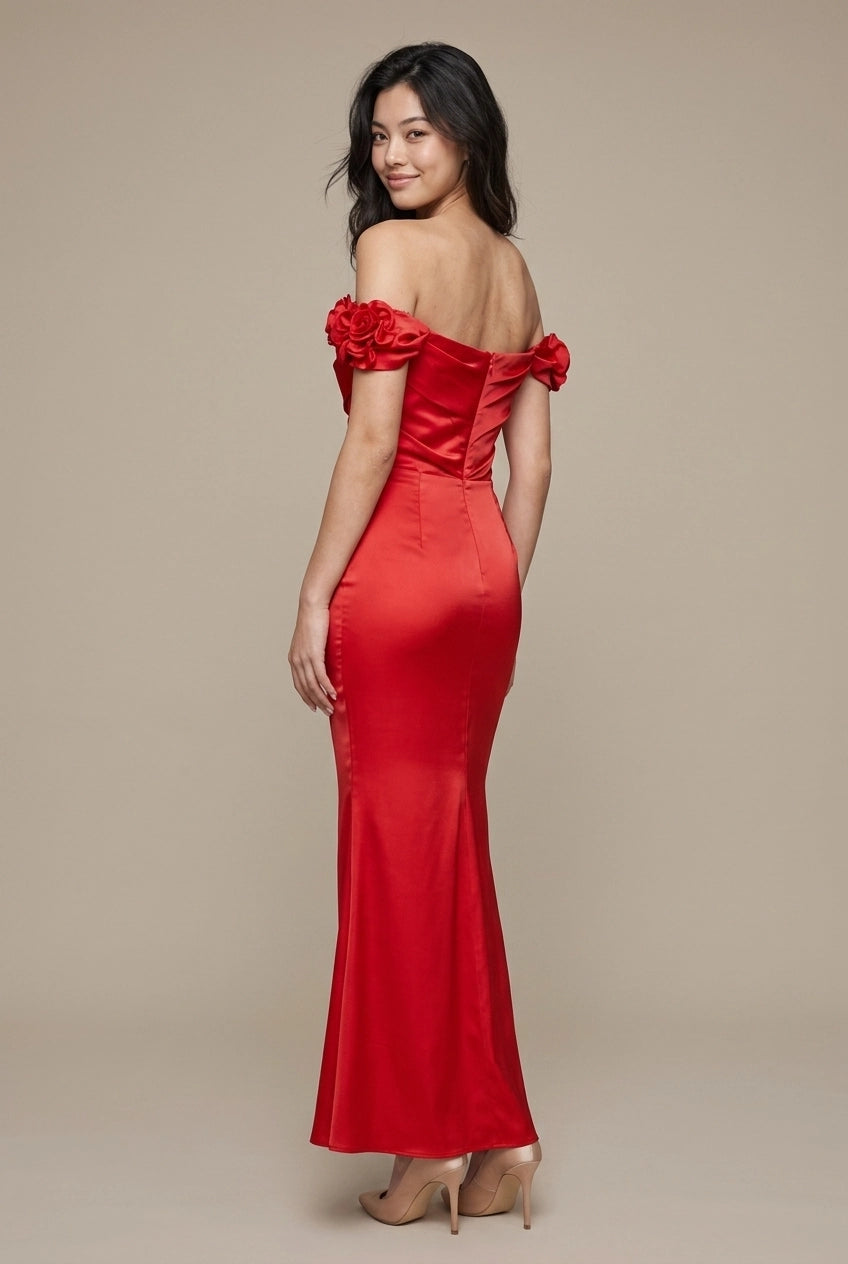 Simple Mermaid Off-Shoulder Floral Applique Ruched Red Floor-Length Prom Dress