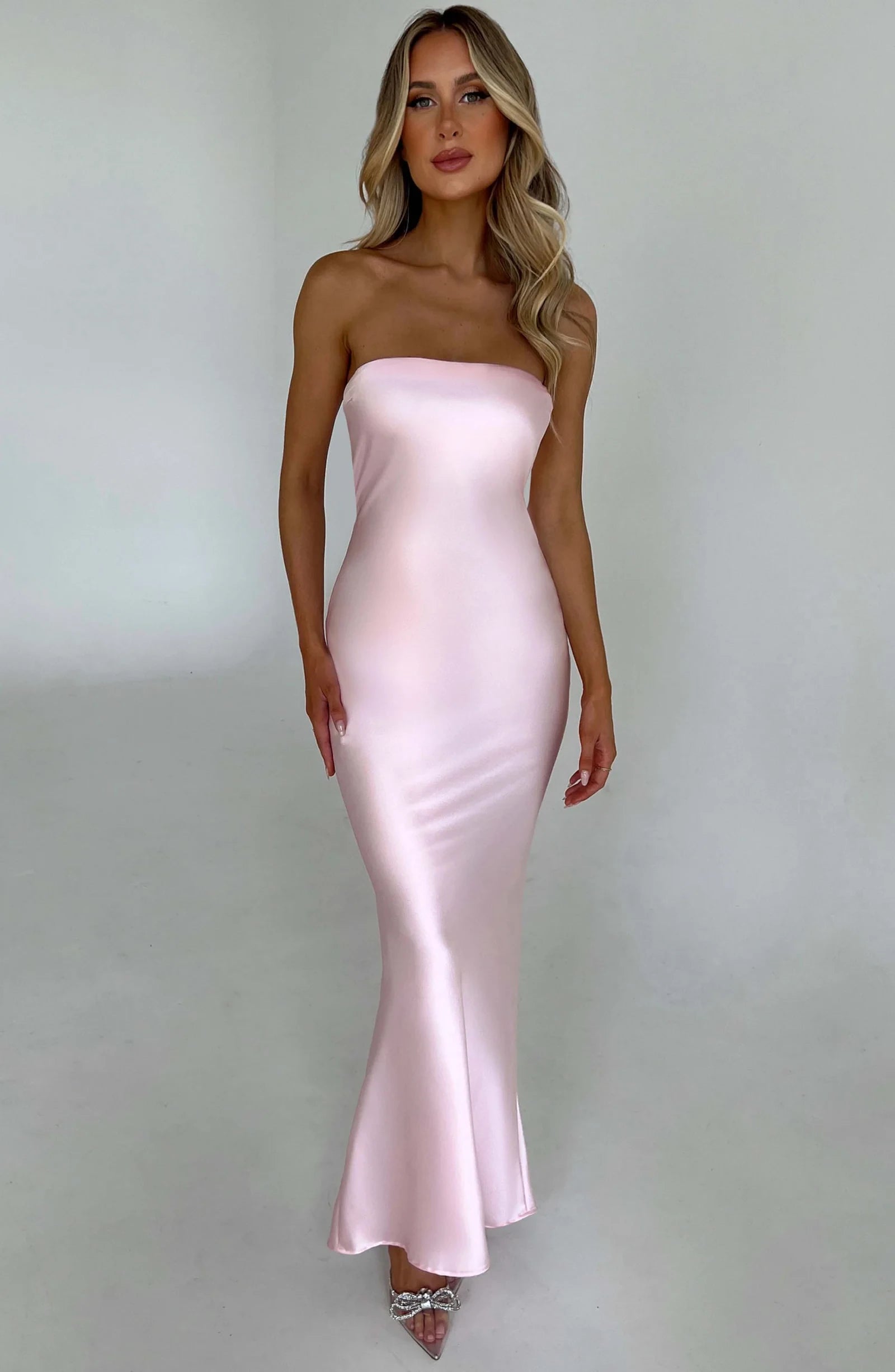 Simple Mermaid Strapless Backless Satin Blush Floor-Length Prom Dress