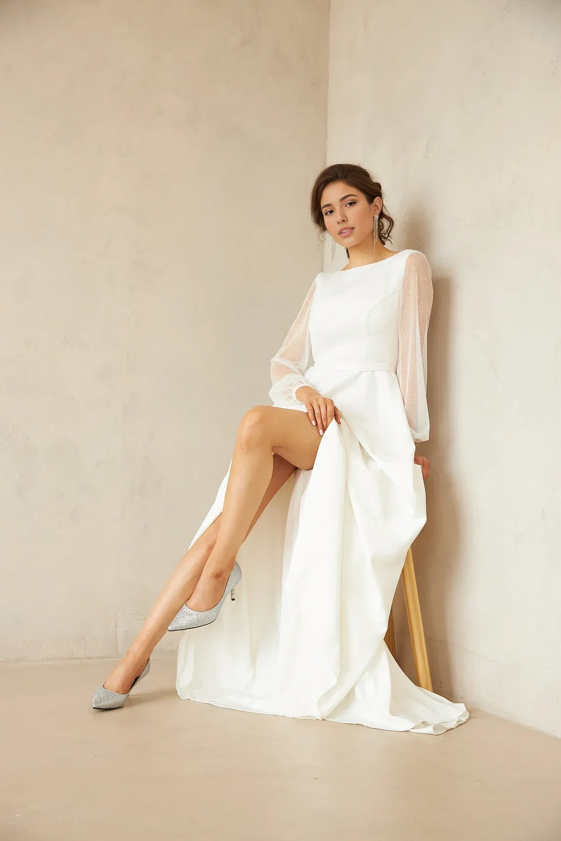 Simple Satin Wedding Dress Long Sleeves Open Back Round Neck Floor Length Wedding Dress A Line Bridal Dress