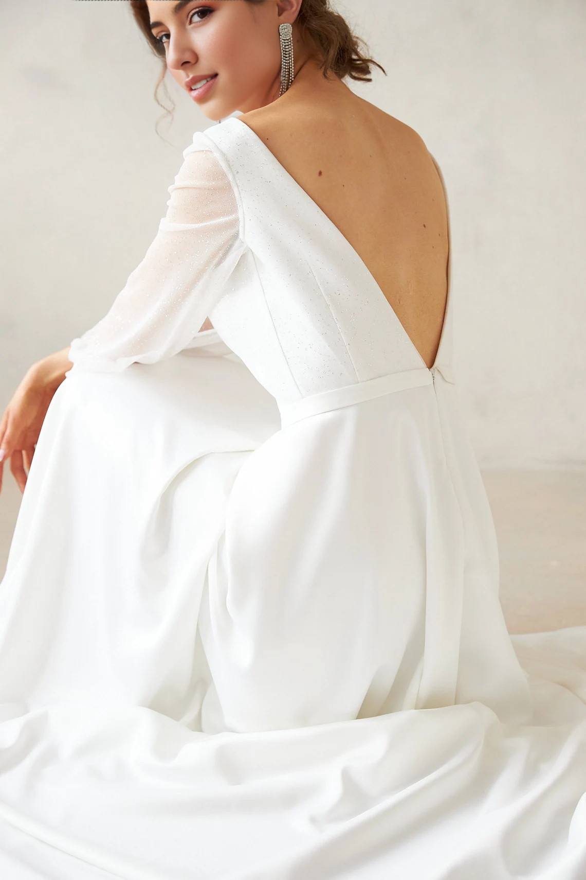 Simple Satin Wedding Dress Long Sleeves Open Back Round Neck Floor Length Wedding Dress A Line Bridal Dress