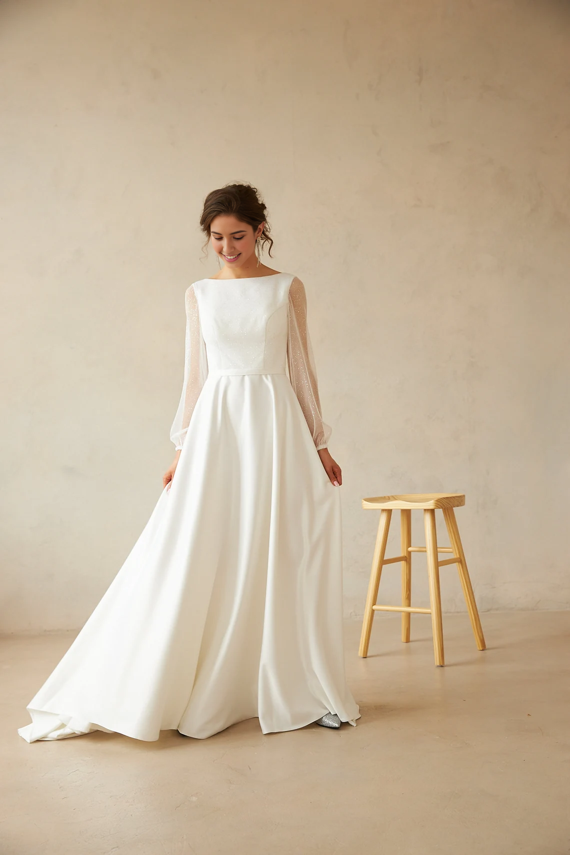 Simple Satin Wedding Dress Long Sleeves Open Back Round Neck Floor Length Wedding Dress A Line Bridal Dress