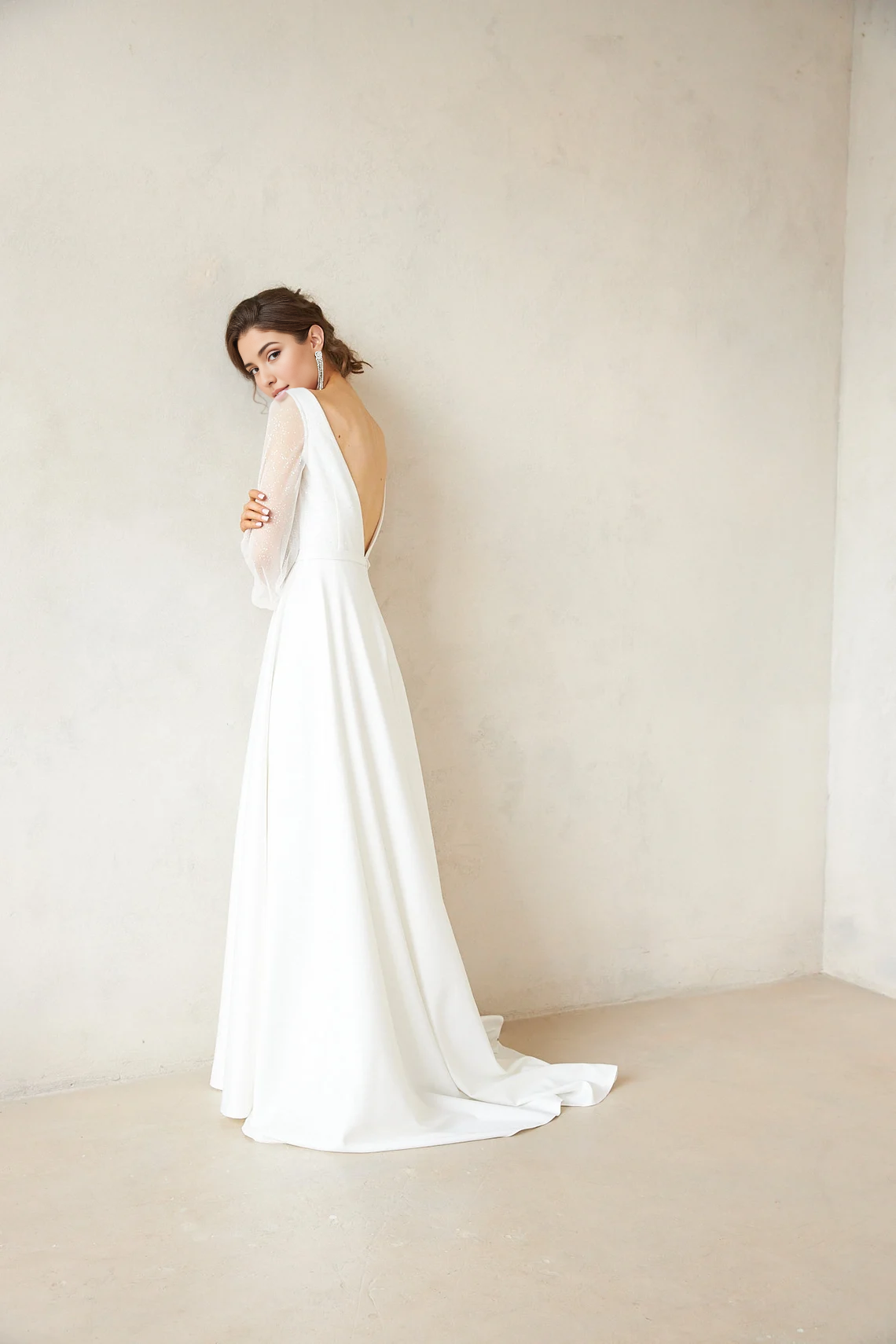 Simple Satin Wedding Dress Long Sleeves Open Back Round Neck Floor Length Wedding Dress A Line Bridal Dress