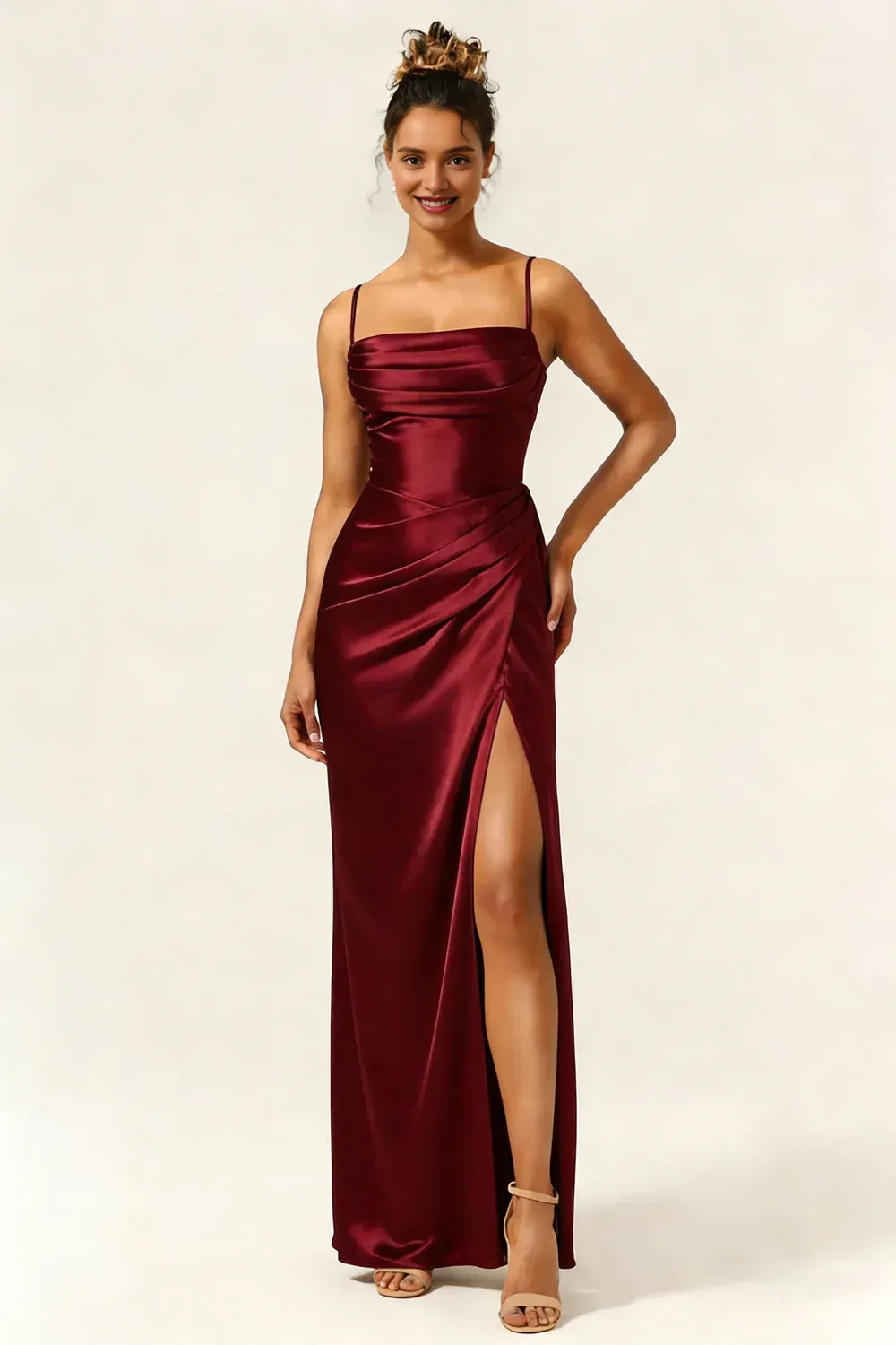Simple Sheath Spaghetti Straps Sleeveless Satin Slit Floor-Length Prom Dress