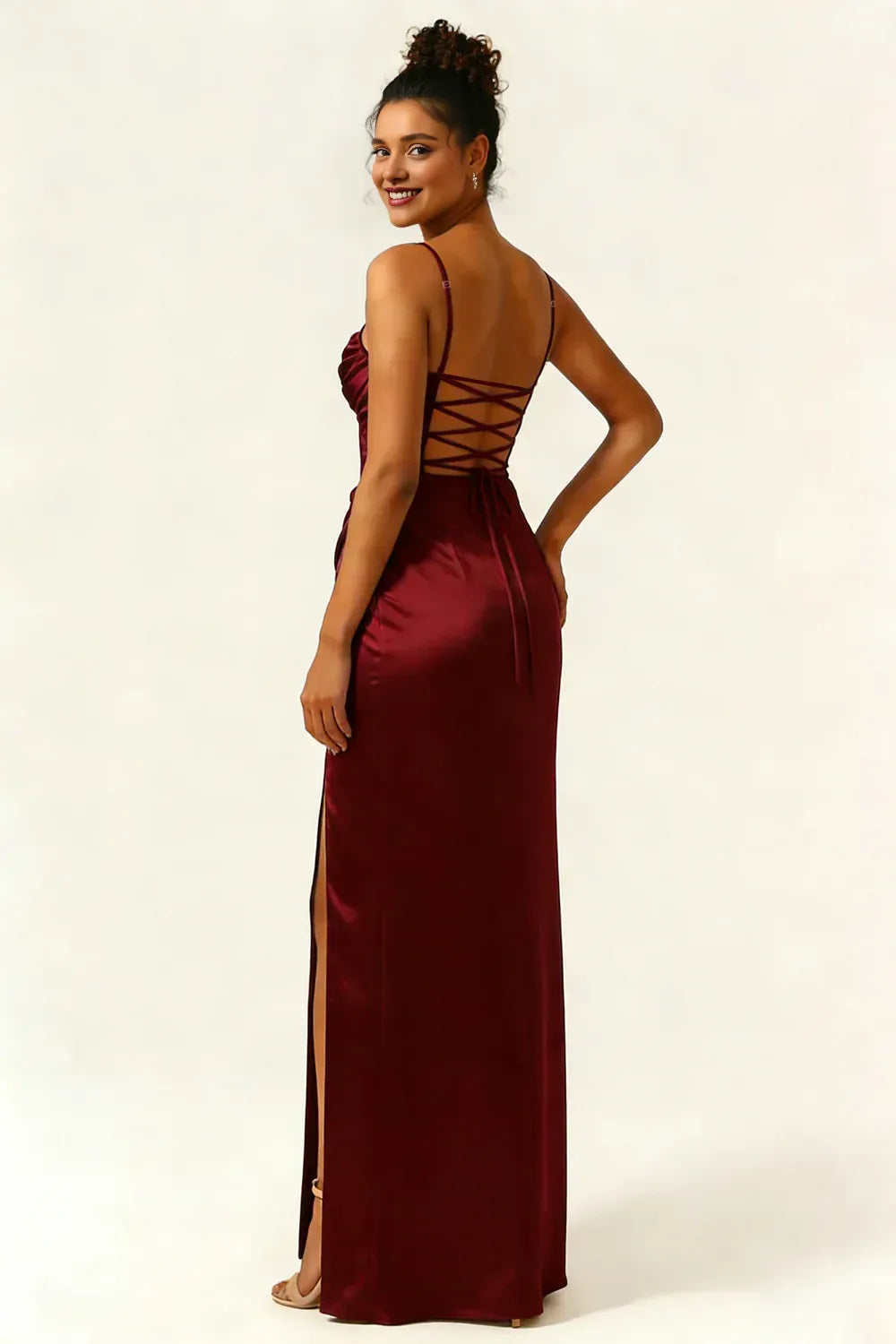 Simple Sheath Spaghetti Straps Sleeveless Satin Slit Floor-Length Prom Dress