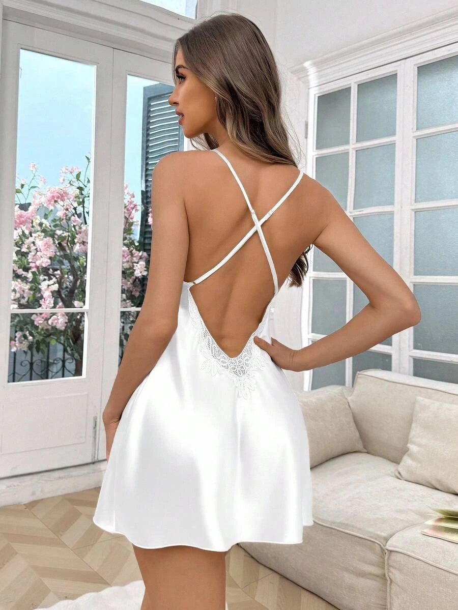 Simple Sheath V-Neck Backless Lace Satin White Mini Homecoming Dress For Ladies