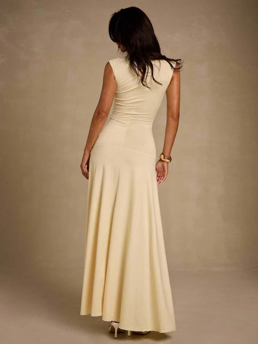Simple Stylish A-Line Sweetheart Twisted Draped Pale Yellow Floor-Length Prom Dress