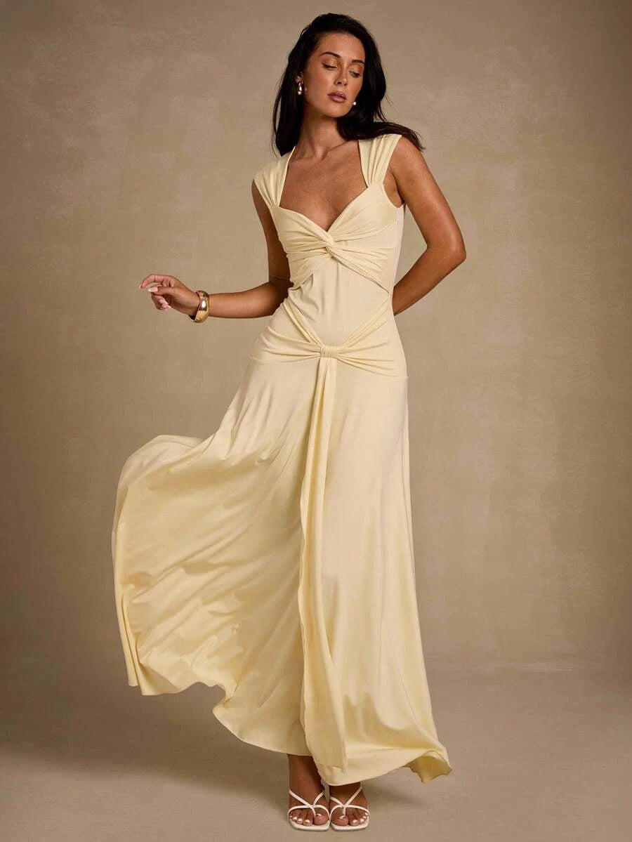 Simple Stylish A-Line Sweetheart Twisted Draped Pale Yellow Floor-Length Prom Dress