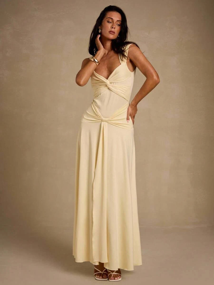 Simple Stylish A-Line Sweetheart Twisted Draped Pale Yellow Floor-Length Prom Dress