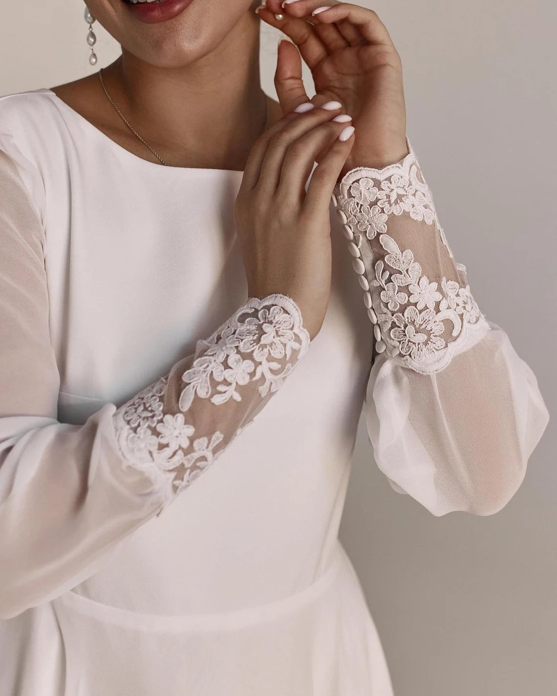 Simple Wedding Dress Floor Length Casual Wedding Dress Reception Dress Round Neck Long Sleeves Elopement Dress Wedding Gown