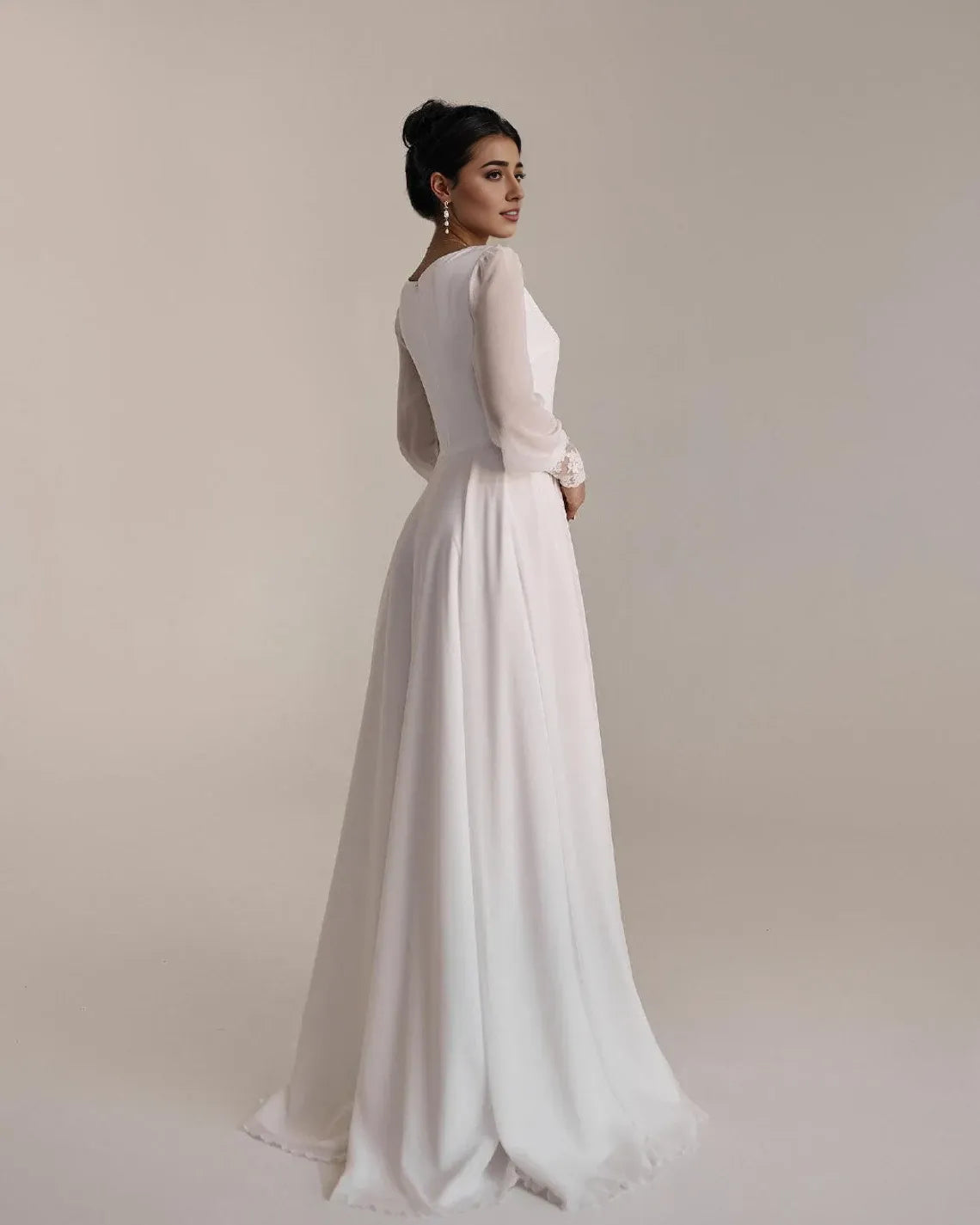 Simple Wedding Dress Floor Length Casual Wedding Dress Reception Dress Round Neck Long Sleeves Elopement Dress Wedding Gown
