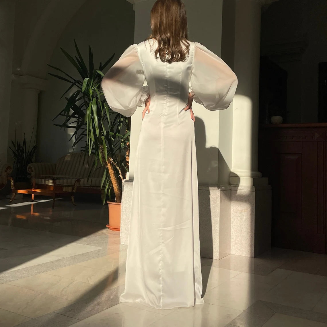 Simple Wedding Dress With Long Sleeve Wedding Dress Deep V Neck Ivory Minimalist Bridesmaids Dress Long Sleeve Maxi Wedding Dress