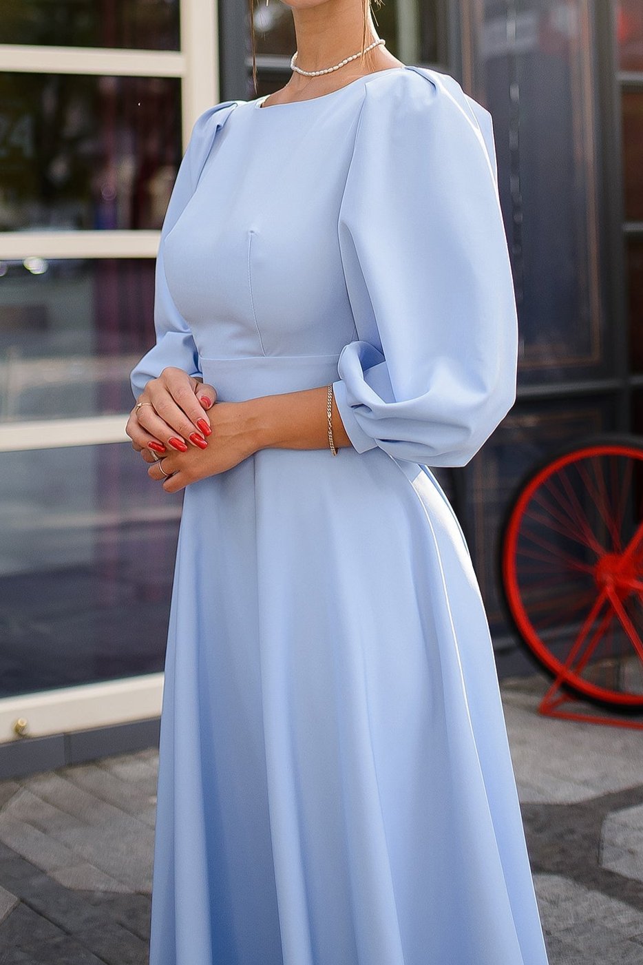 Sky-Blue Backless Round Neck Ankle Length Short Puff-Sleeve Party Dress Prom Dress