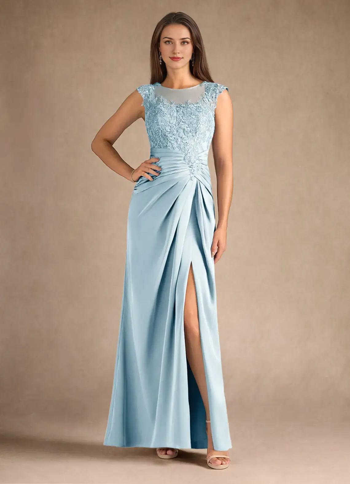 Weitese Dress Steel Blue Sheath Pleated Satin Mother of the Groom Dresses Elegant Scoop Neck Sleeveless Leg Slit Evening Dress