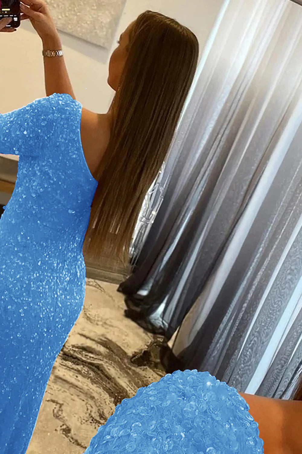 Vestido de fiesta de sirena con lentejuelas y brillo, de un solo hombro y abertura