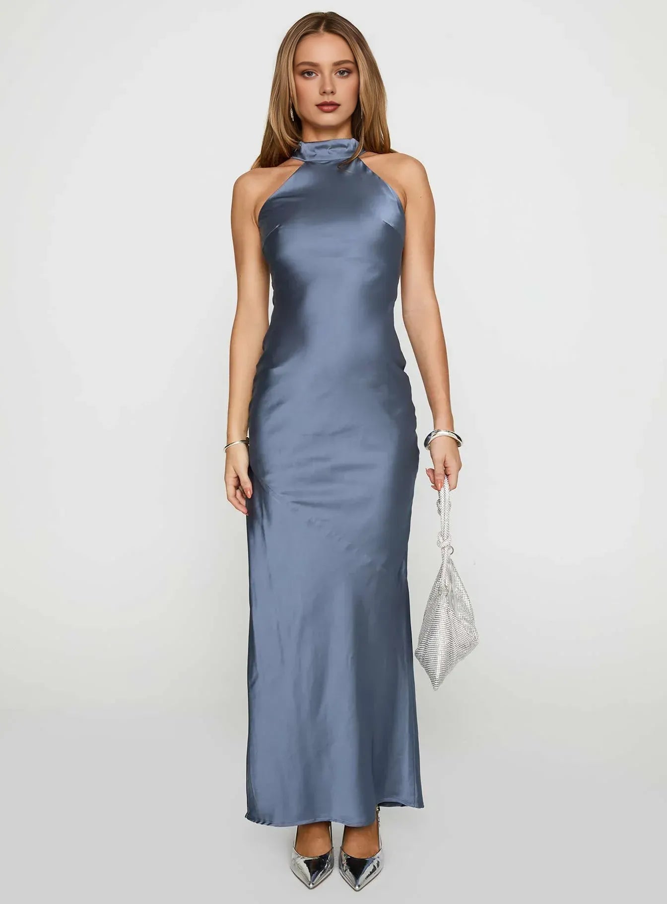 Slate Blue Satin Halter Neck Backless Maxi Dress with Side Slit Prom Dresses